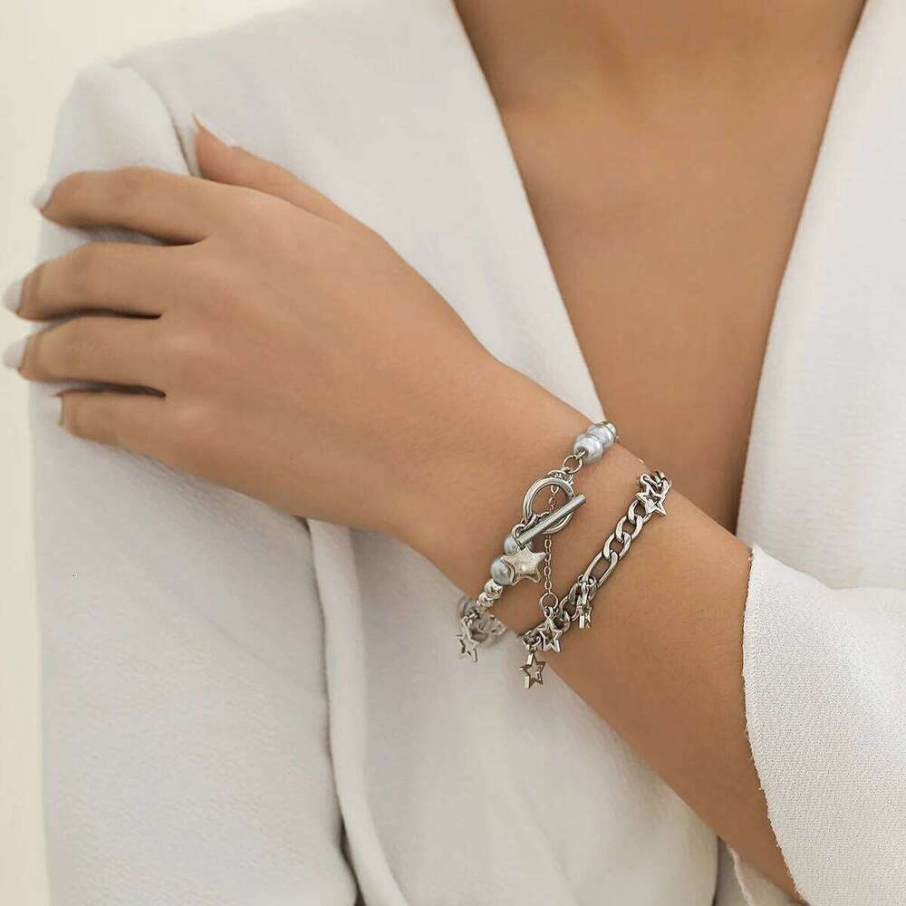 Salircon 2Pcs Trend Y2K Hollow Star Pendant Irregular Ball Bead Chain Bracelet Women's Party Hip Hop Jewelry Gif 25T1226