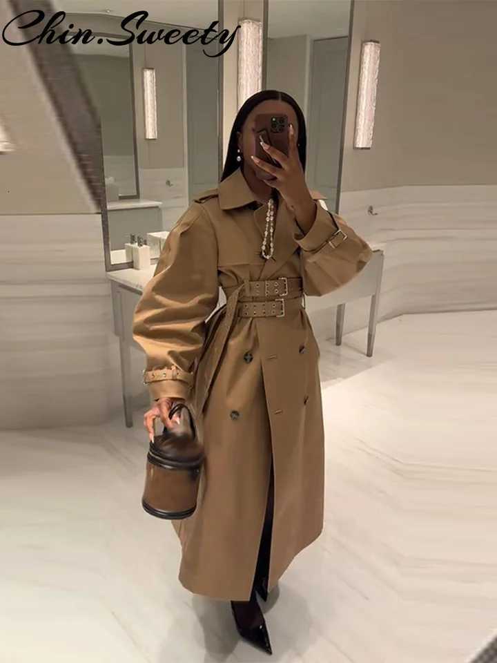 Elegant Solid Belt Women Trench Coat Casual Double Breasted Long Sleeve Lapel Female Jacket 2025 Autumn Urban Lady StreetwearT251226