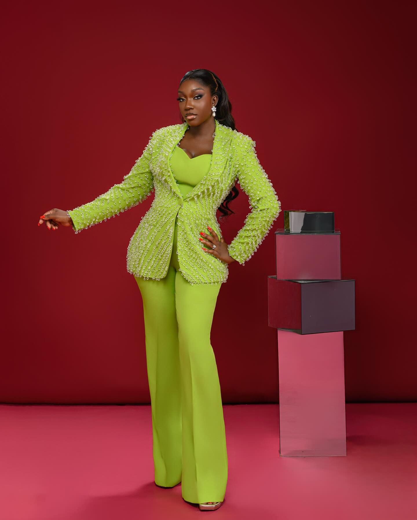 Customized Fresh Green Diamond Women Pants Suits Formal Business Slim Fit Working Wear Prom Birthday Party Evening 2 Pieces