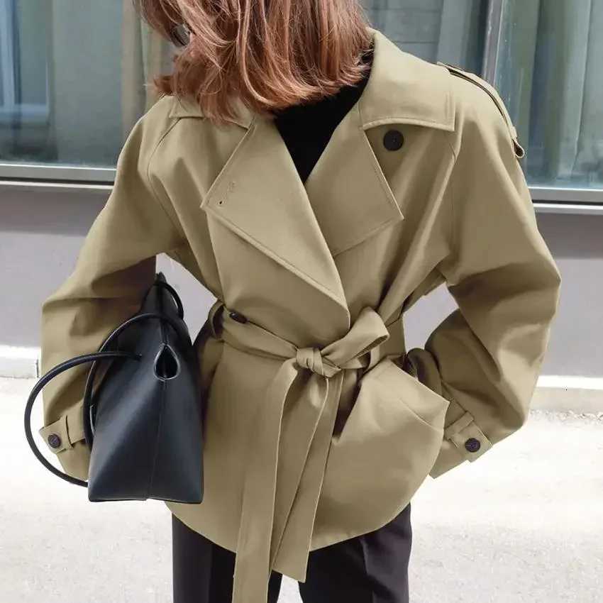 Women Solid Lapel Single Breast Short Jacket Long Sleeve Belt Button Lace Up Cropped Trench Coat Lady Casual New Fall Daily WearT251226
