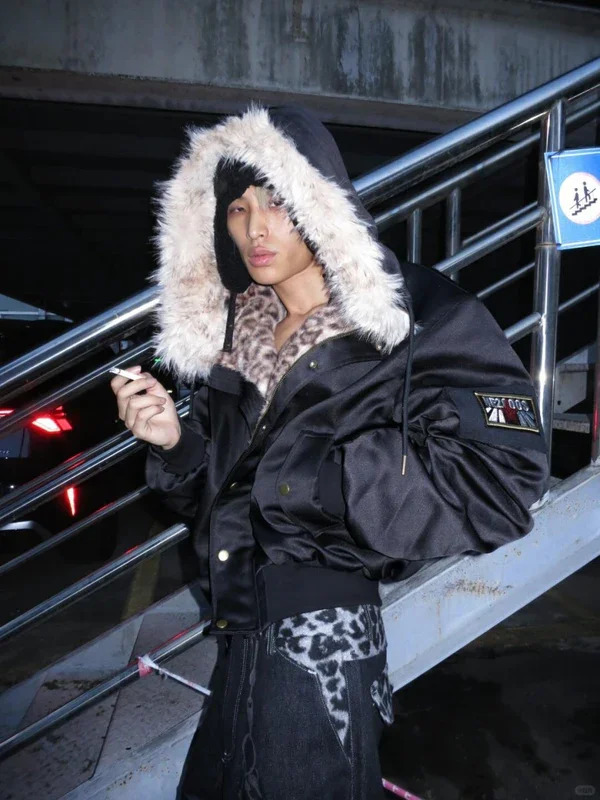 Fashion Retro Streetwear Fur Collar Y2K Jacket Mens Womens Plush Leopard Print Stitching Zipper Casual Loose Punk Hooded Jacket 251222