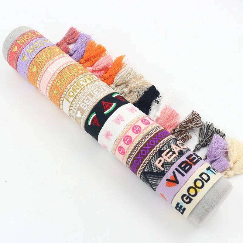 Bohemia Summer Mori Style Girl Embroidered Bow Letter Bracelet Handmade Woven Tassel Wrist Band Fashion Jewelry Wholesale Gift 25T1226