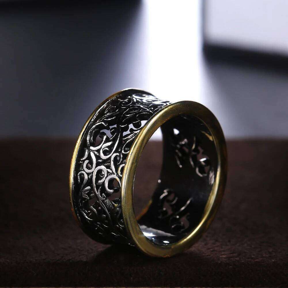 Huitan Vintage Pattern Rings Women Two Tone Punk Style Female Daily Wear Accessories Hip-hop Ring Retro Party Versatile Jewelry