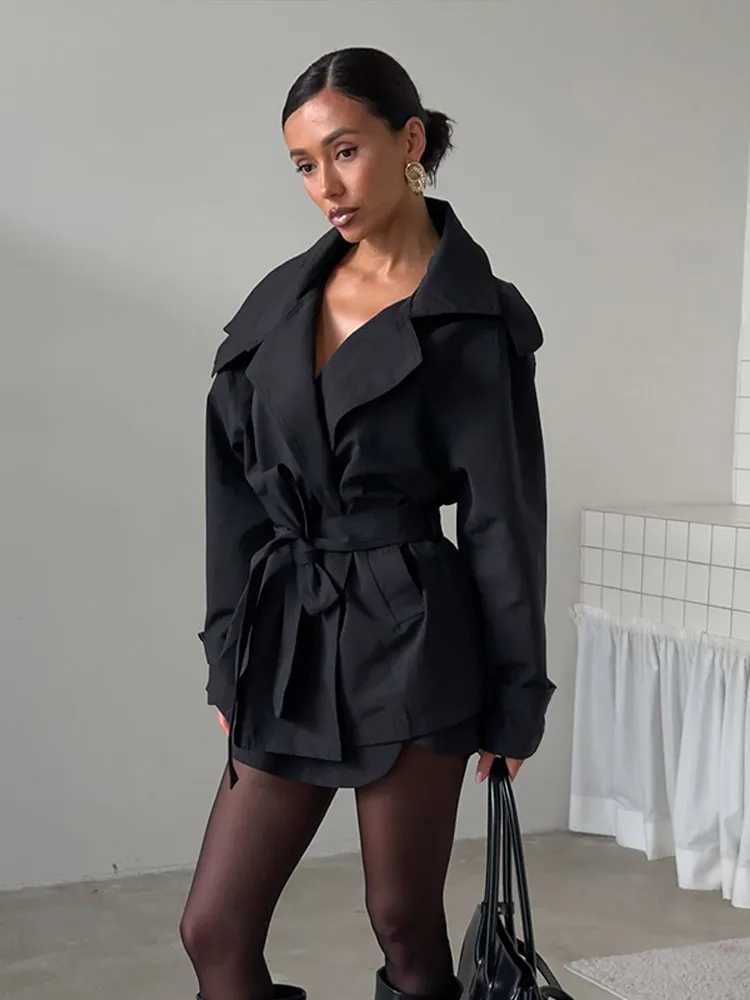 Womens Casual Solid Lace Up Jacket Lapel Full Sleeve With Belt Pocket Loose Coat 2025 New Autumn Chic Lady Daily Street OutwearT251226