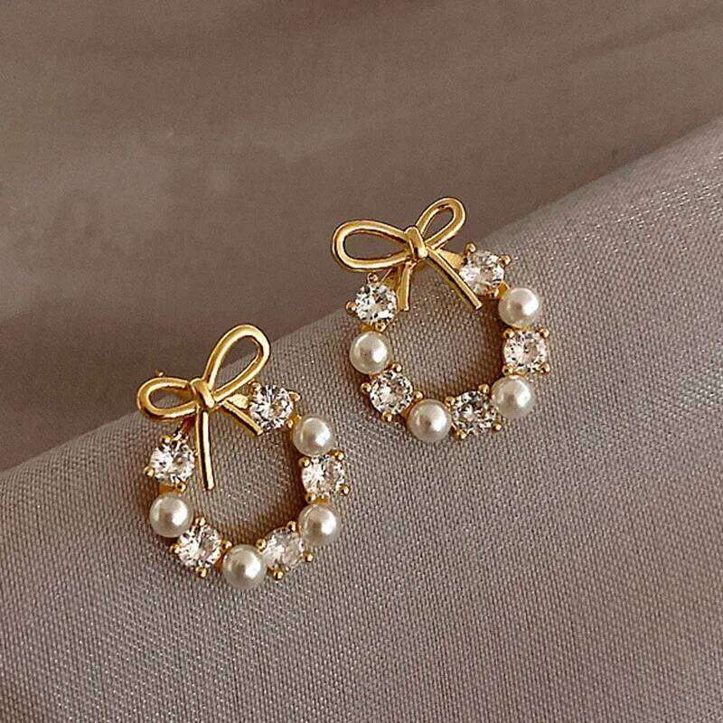 FTCY Minimalist Round Bow Knot For Women Rhinestone Imitation Pearl Stud Earrings Party Wedding Jewelry Gifts 25H1226