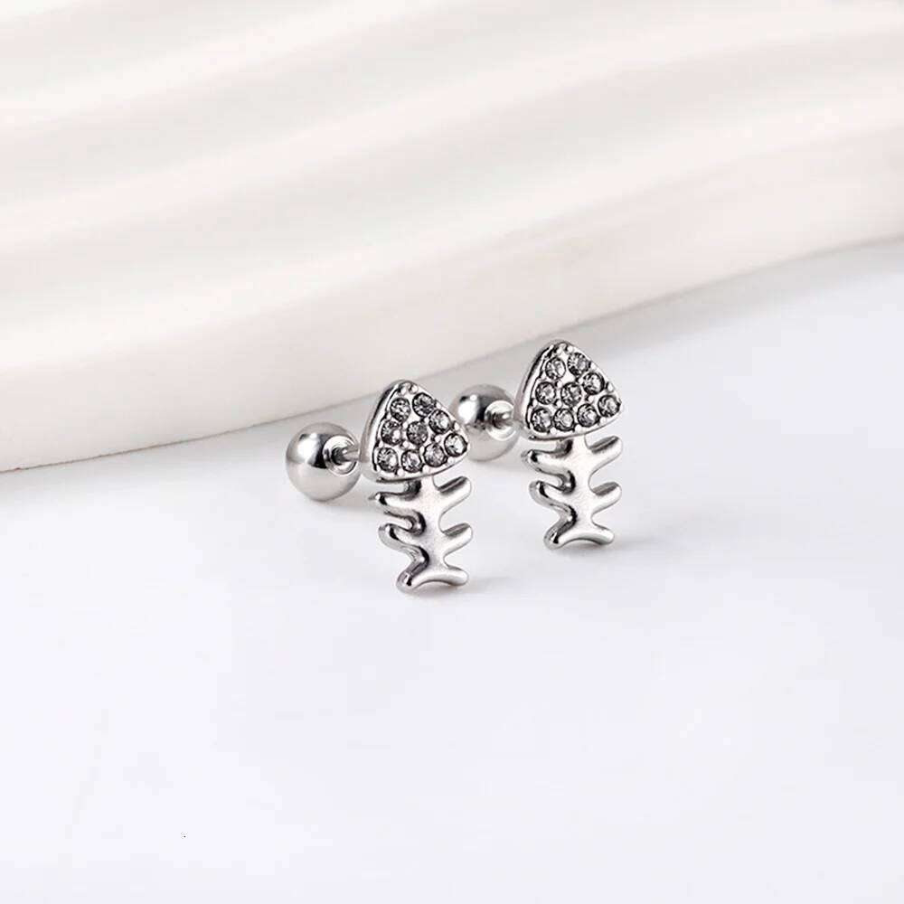New Earrings Suitable for Women and Girls Accessories Gifts Cubic Zirconia Steel Balls Screw Plugs Fish Bones Jewelry 25H1226