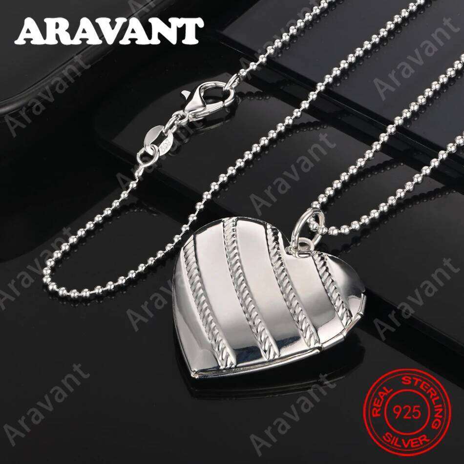 925 Sterling Silver Floral Striped Heart Box Pendant Necklace For Women, Vintage Style, Personalized Accessory, Gift, Jewelry 25N1226