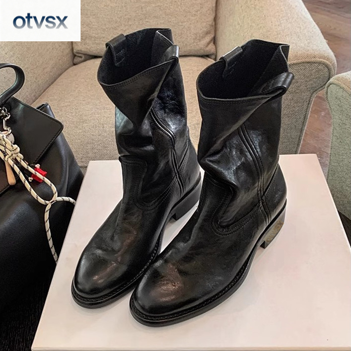 Otvsx French niche design for autumn and winter, paired with leather V-shaped cut Western style boots, thick and elegant luxury women's boots