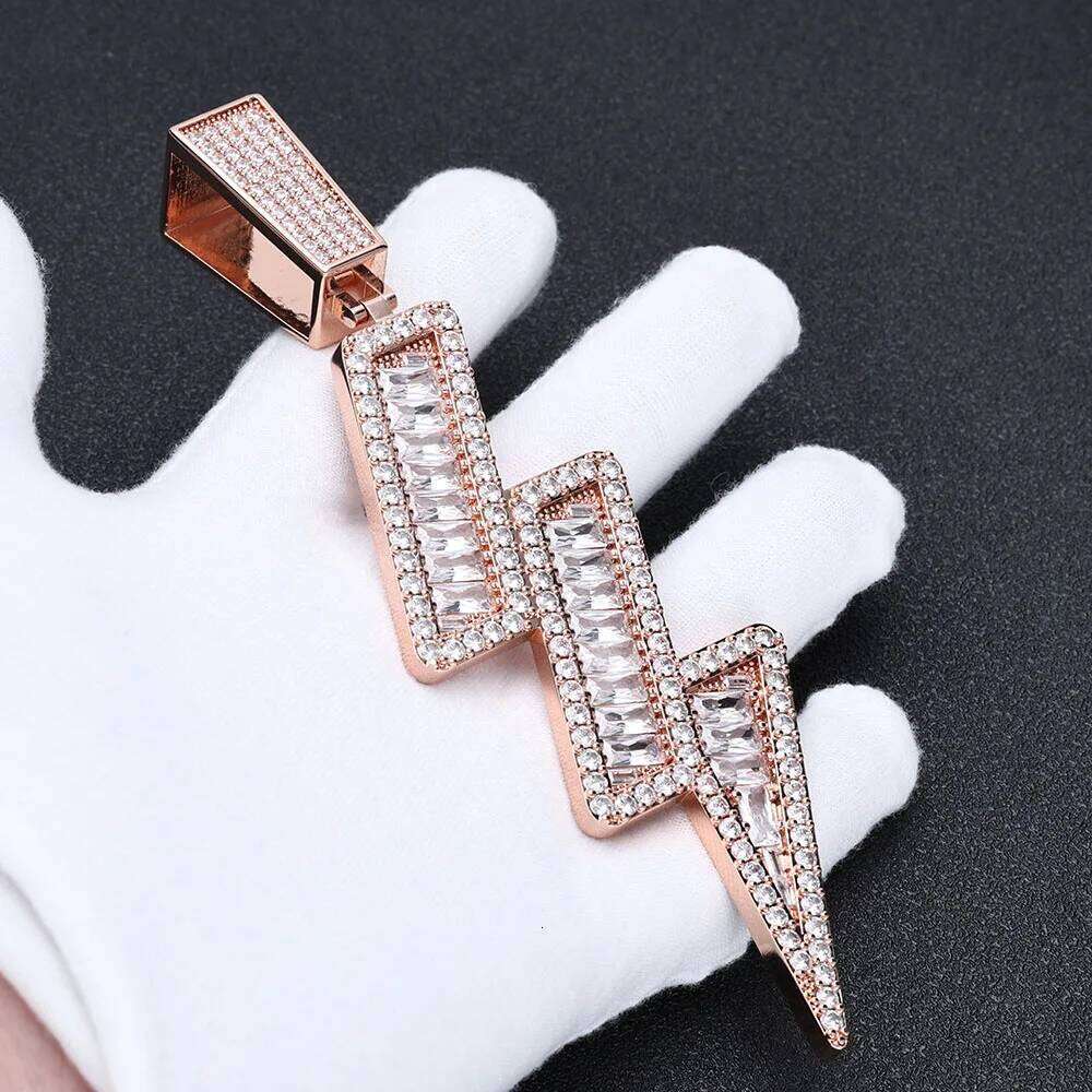 Bling Hip Hop Jewelry 48*142mm Rose Gold Plated Brass AAAAA Baguette CZ Diamond Iced Out Lightning Pendant