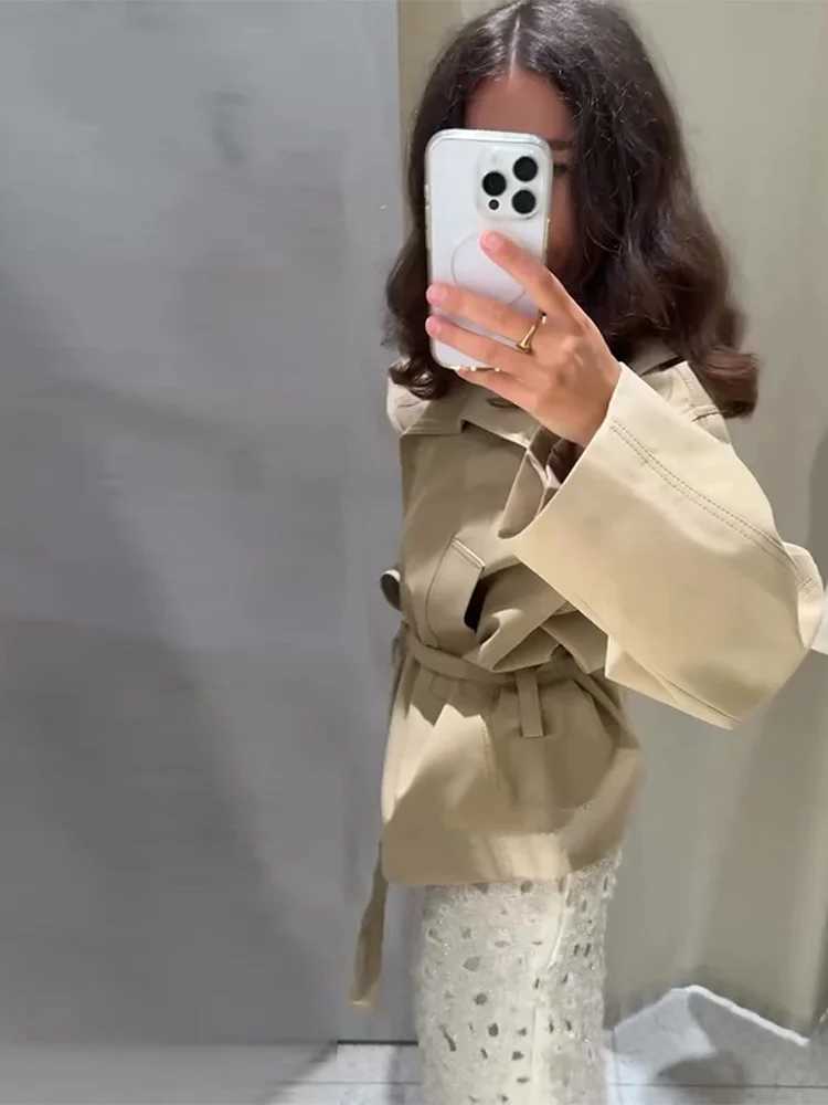 Elegant Office Womens Cropped Trench Coat Jackets Oversized Wide Lapel Self Tie Waist Jacket Vintage Lace-up Autumn OuterwearT251226