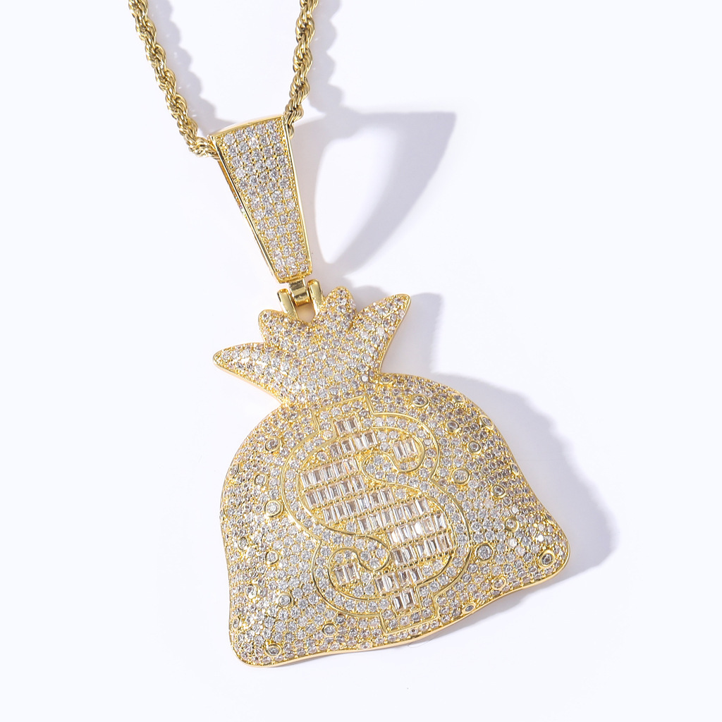 Hip Hop Dollar Purse Pendant Necklace Bling Zircon 18K Real Gold Plated Men Women Jewelry Gift