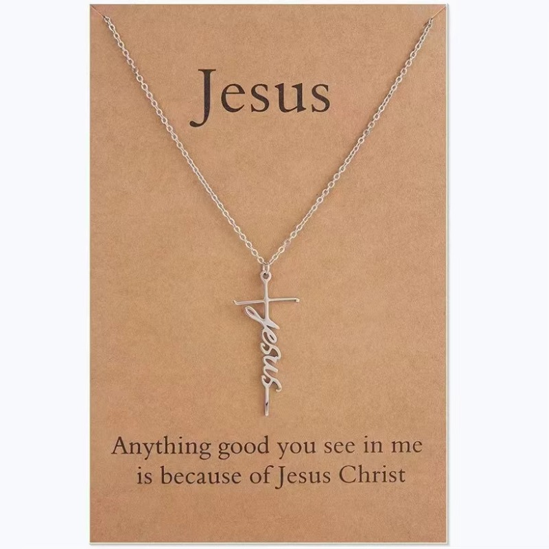 Designer Jewellery High Quality Stainless Steel Waterproof Silver Jesus Cross Pendant Name Carving Necklace for Men and Women Religious Gift Textured 