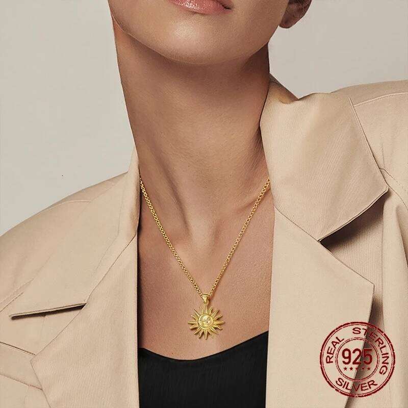 925 Sterling Silver Golden Sun Moon Pendant Necklace for Women Fashion Anniversary Birthday Jewelry Gifts 25N1226