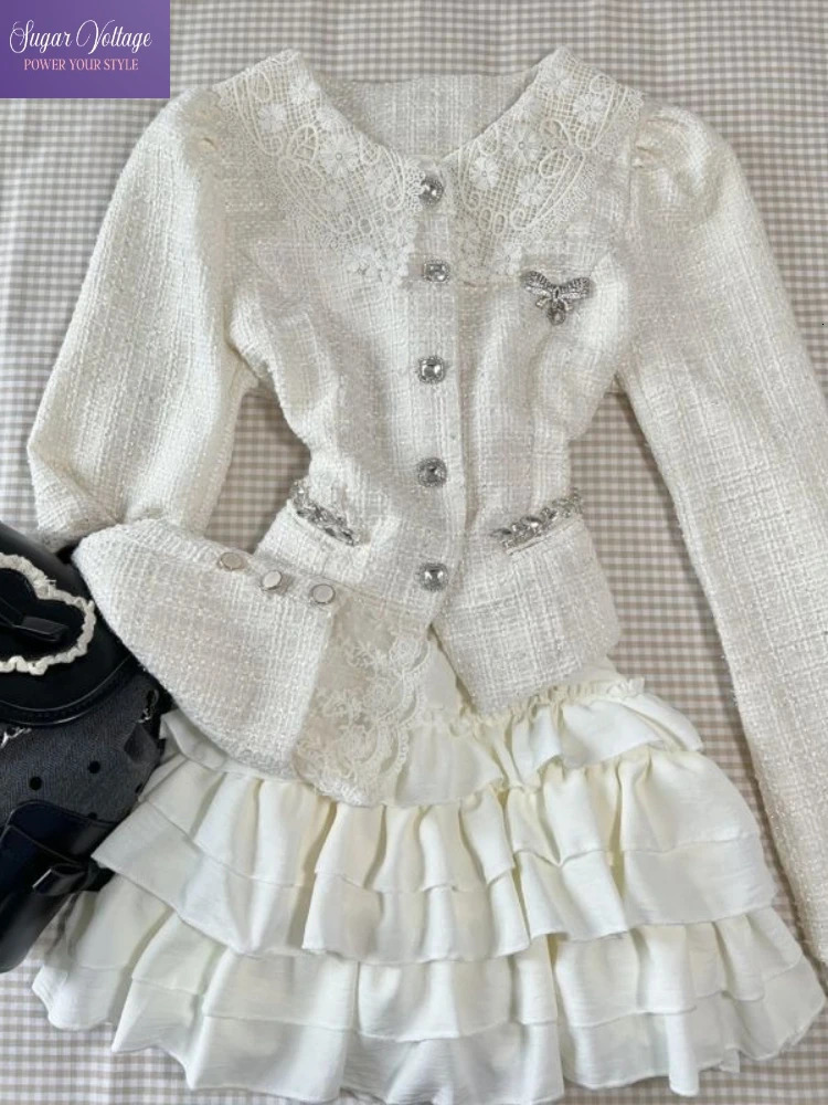 Korean Style Tweed Jacket Elegant Short Skirt 2 Piece Set Women Autumn Outfit Chic High End Retro Vintage Aesthetic Streetwear 251211