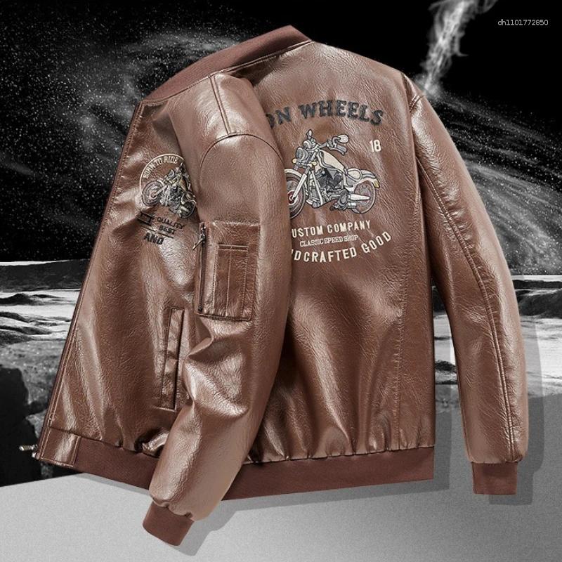 Men's Jackets Emboridery Motorcycle Leather Jacket Autumn American Motorbiker Coat Men Baseball Collar Pilot Casual PU