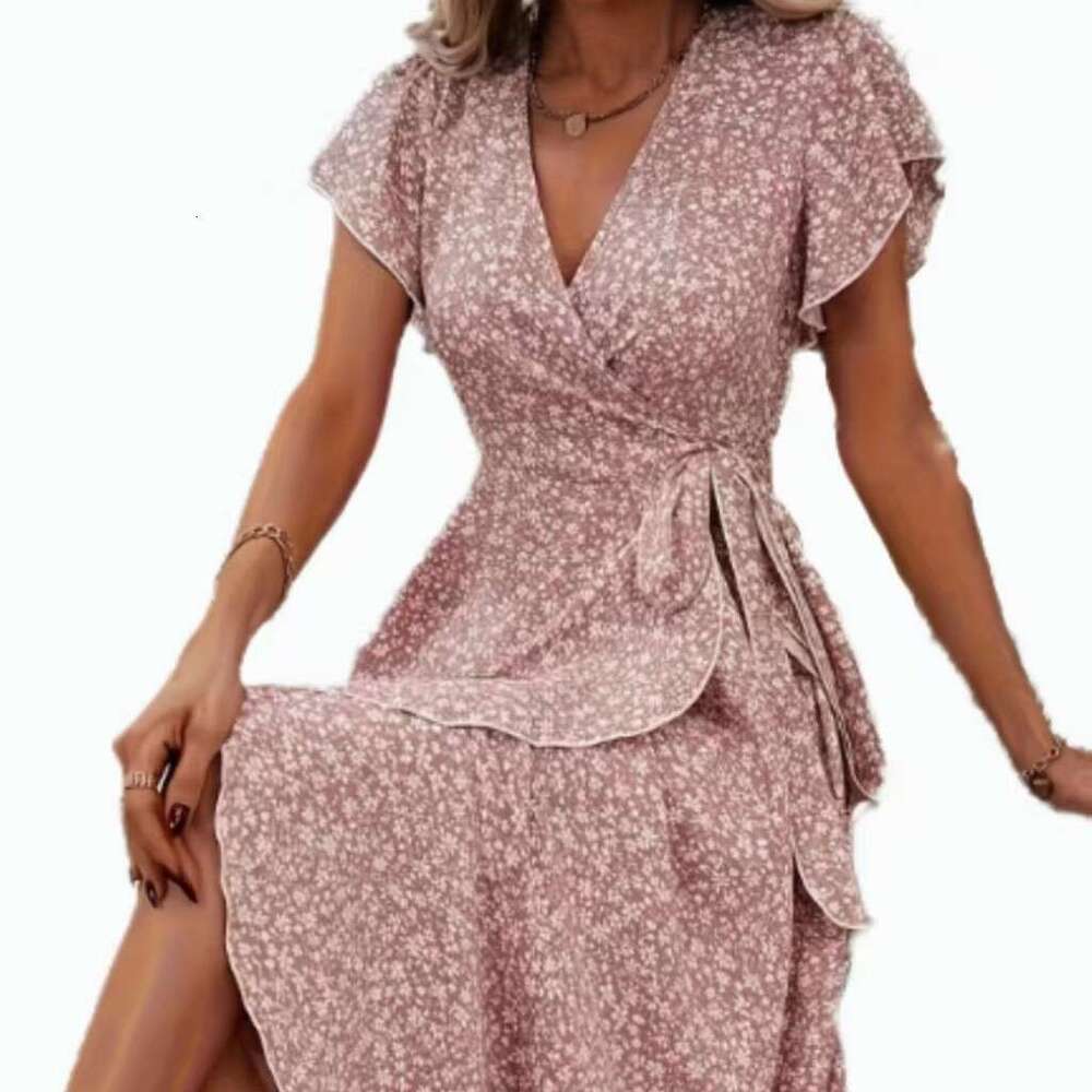 Dress for Women Ditsy Floral V-Neck Cardigan Tie Short Sleeve Bohemian Flared Vacation Dress Casual Beach Getaway Wear