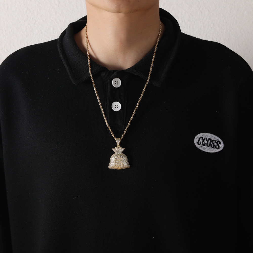 Hip Hop Dollar Purse Pendant Necklace Bling Zircon 18K Real Gold Plated Men Women Jewelry Gift