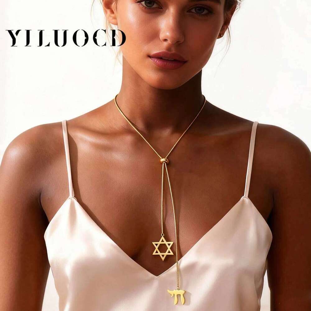 Double Amulet Pendant Long Necklaces Star of David and Jewish Hebrew Chai Necklace Sweater Chain Hexagram Judaism Steel Jewelry 25N1226