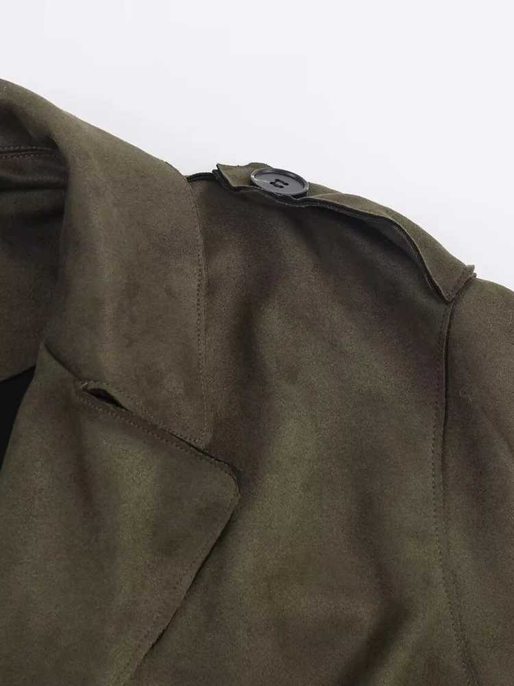 European style new womens fashionable and versatile solid color long trench coat with belt and suede effectT251226