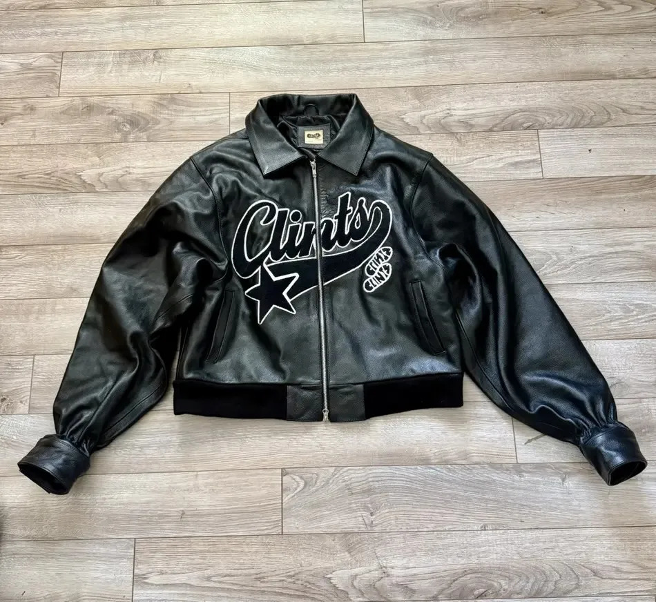 Men Retro Leather Bomber Jacket with Embroidered Star Black Zip Coat Street Style Autumn Winter Casual Outerwear Bold Urban Look 251223