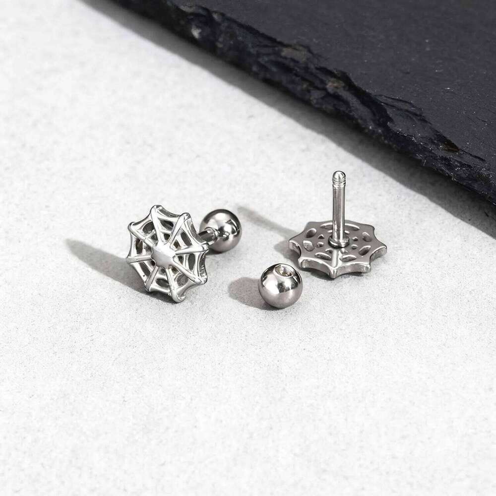 Spider Web Stud Earring for Men Women,Silver Color Stainless Steel Piercing Earring,Halloween Jewelry Gift 25H1226