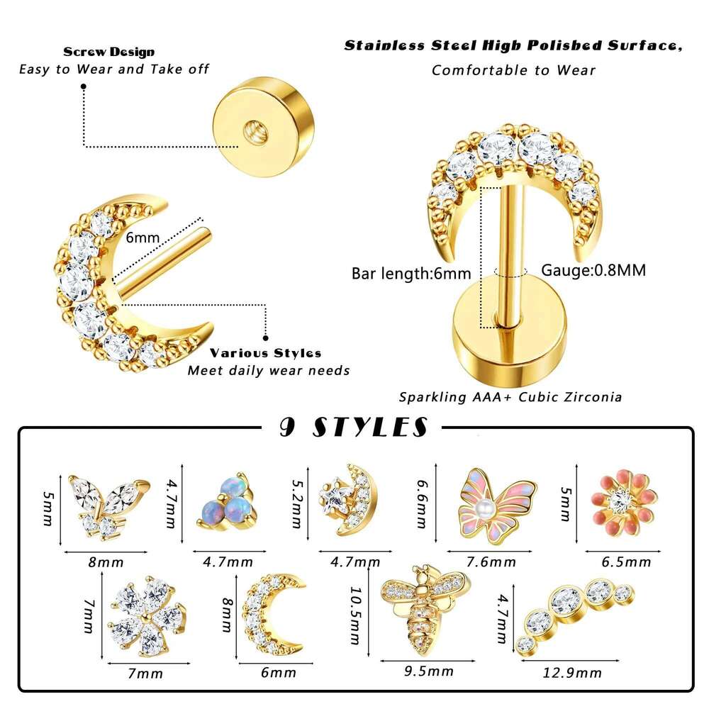 1pc Cartilage Earrings Stud for Women Surgical Steel Flat Back Earring Butterfly Flower Tragus Helix Piercing Jewelry 25H1226