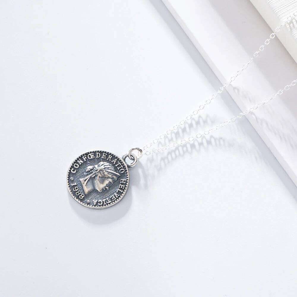 Fulsun 925 Sterling Silver Antique Jewelry Retro Switzerland Hero Confederatio Helvetica 5 1988 Round Coin Necklaces 25N1226