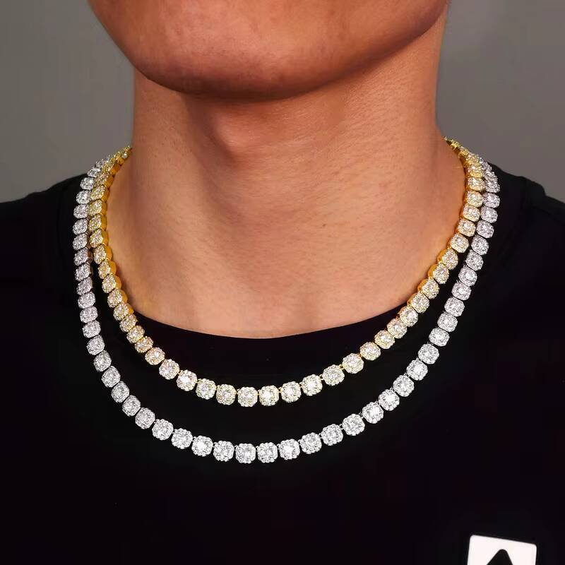 Miami Hip Hop Cuban Link Chain Iced Tennis Chain Necklace with Square Rock Moissanite Diamond Fashionable Trend
