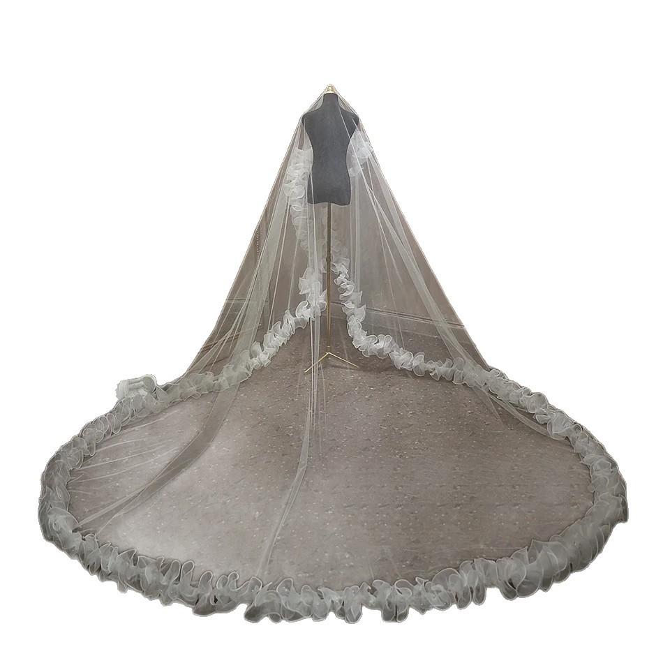 Wedding Veils Two Layer Tulle Appliques Lace Flowers Tulle Headdress With Comb Bridal Veil Ruffled Edge Customized Length Veils