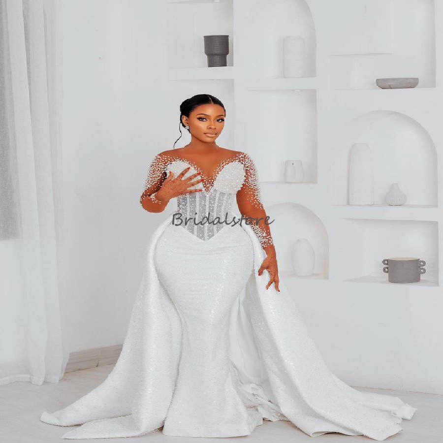 Luxury Sequin Wedding Dress With Detachable Train Long Sleeve Mermaid Princess Pearls Castle Bridal Gowns African Country Bride Dress 2026 Vestio De N