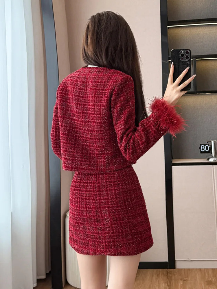 High Quality French Tweed Two Piece Set Women Fashion Jacket Coat Skirt Suits Fall Winter Christmas 2 Outfits 251211