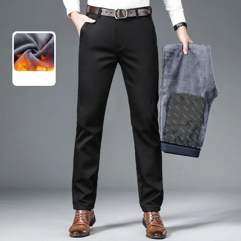 Mens autumnwinter fashionable business casual pants elastic slim fit warm and plush suit work clothes 251226