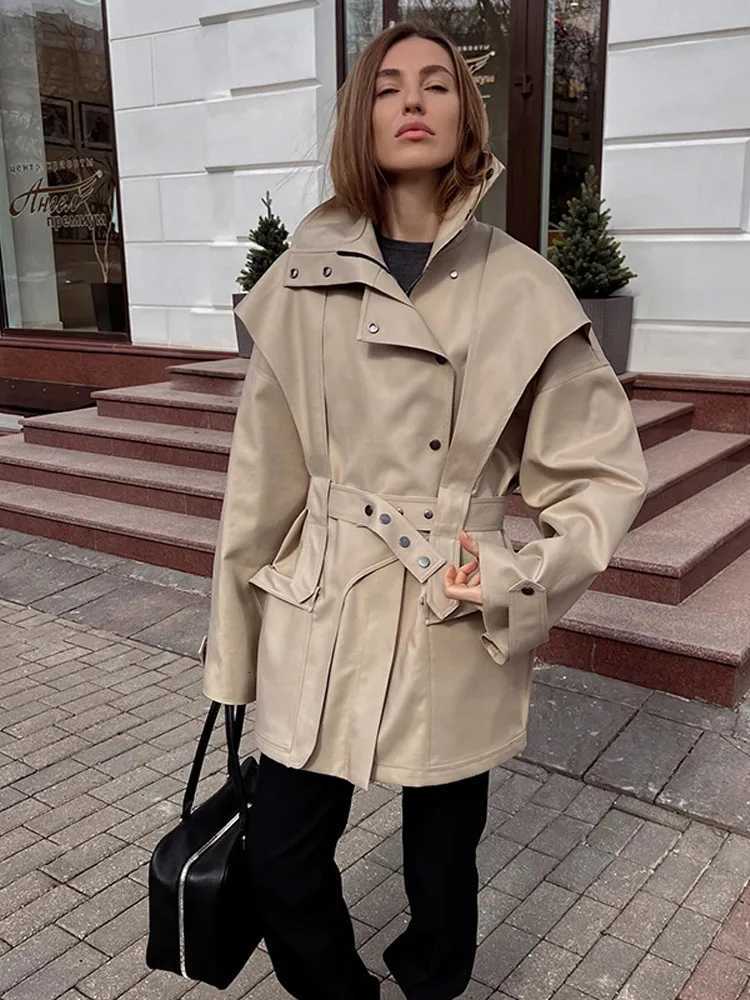 Womens Casual Solid Lace Up Jacket Lapel Full Sleeve With Belt Pocket Loose Coat 2025 New Autumn Chic Lady Daily Street OutwearT251226