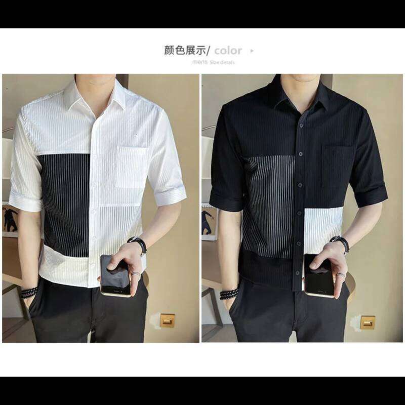 New Summer Style Men's Seven-Point Short-Sleeved Fashion Trendy Striped Spliced Shirt