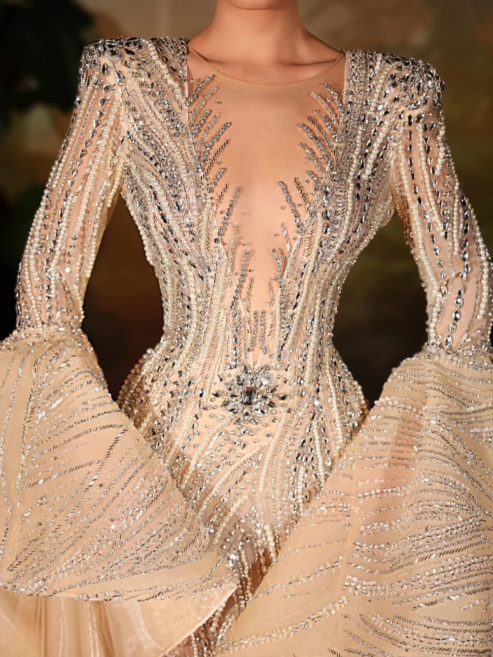 Luxury Wedding Dresses Pearls Crystal Mermaid Bridal Gowns Sequins Beading Flare Sleeve Princess Customized Vestidos De Novia Plus Size