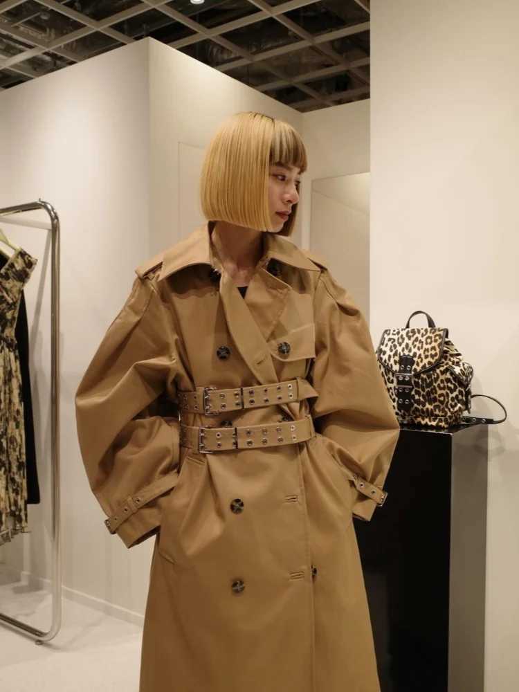 Elegant Solid Belt Women Trench Coat Casual Double Breasted Long Sleeve Lapel Female Jacket 2025 Autumn Urban Lady StreetwearT251226