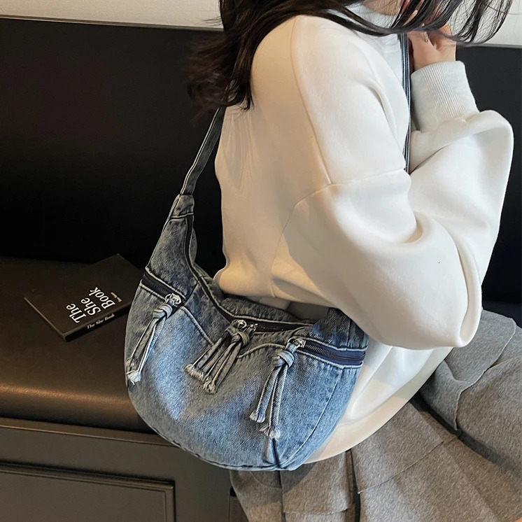 Casual Denim Large Capacity Crossbody Bag Handbag Cloth Women Shoulder Bags Fashion Durable Tote Shopping Travel Purse 251223