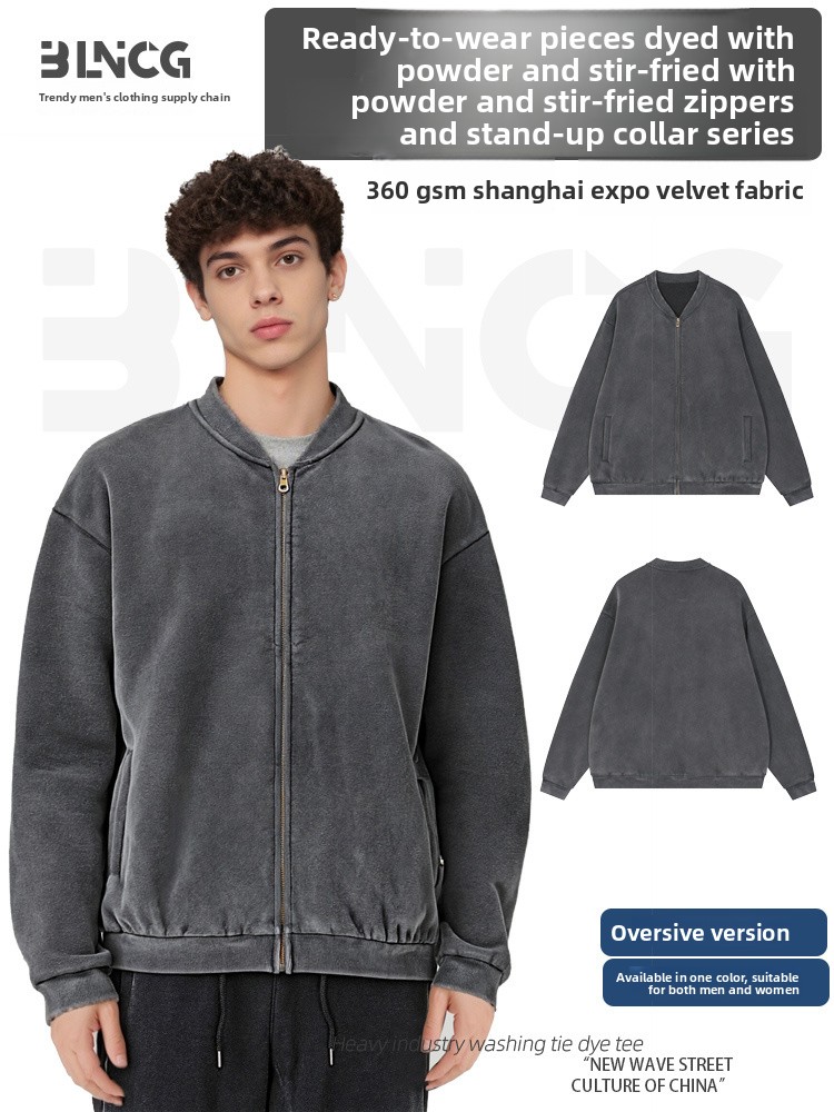 BLNCG Men's Long-Sleeve Jacket - Washed Vintage Design, V-Neck & Zipper Closure, 100% Cotton with Pockets, Oversized Unisex Streetwear Style-KFML