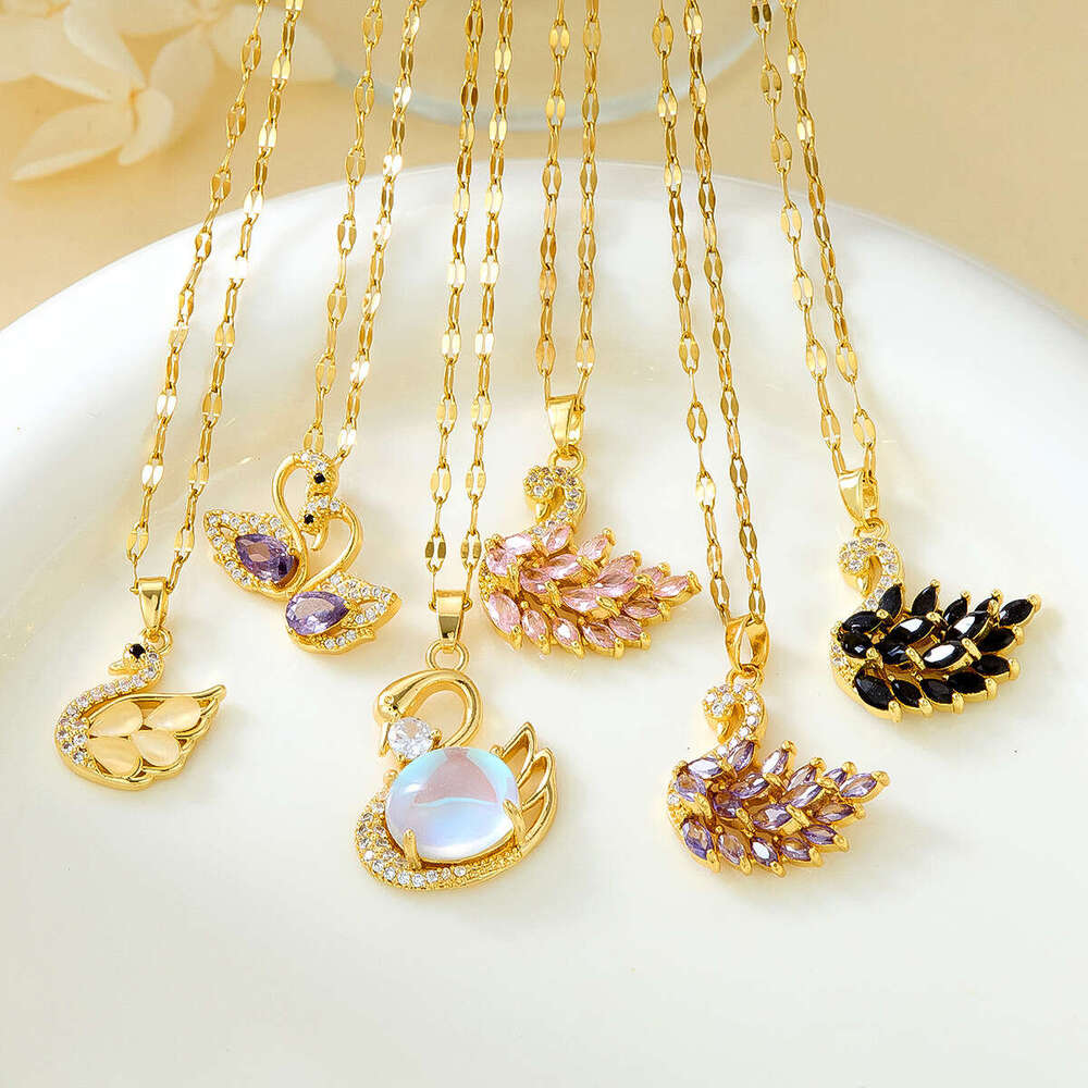 Fashion Jewelry Micro-Inlaid Zircon Swan Titanium Steel Necklace for Women Summer Light Luxury Niche Design Versatile High-End Clavicle Chain Jewelry