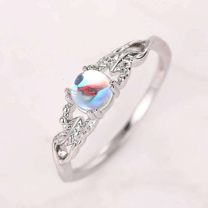 Huitan Imitation Moonstone Women with Delicate Leaves Creative Design Temperament Elegant Female Rings Vintage Jewelry