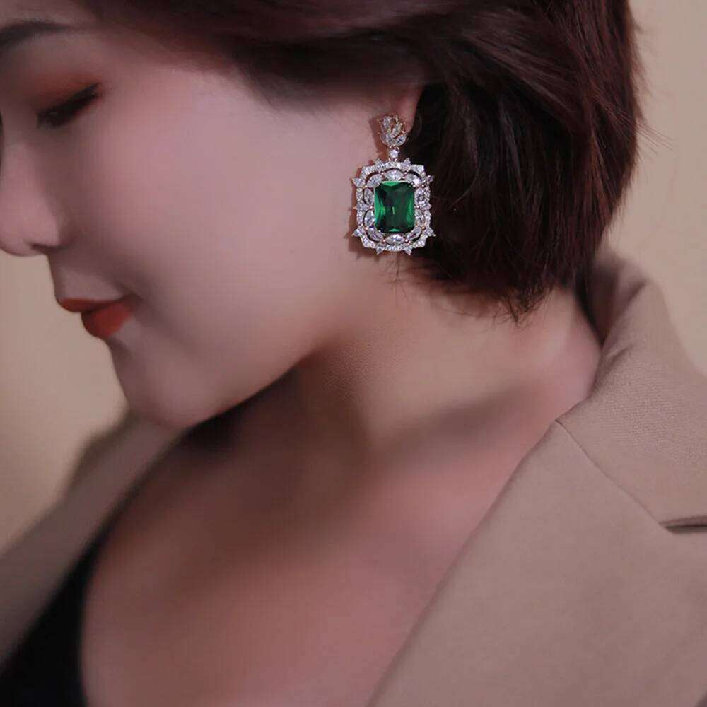 Huitan Geometric Green CZ Dangle Earrings Engagement Wedding Party Temperament Women's Ear Accessories Fancy Anniversary Gift