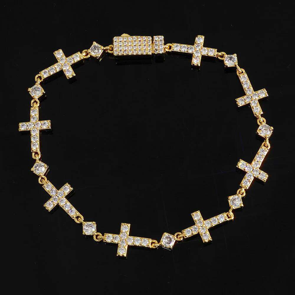 jewelry Luxury Gold Plated 5MM Iced Out Chain Bracelet Elastic Clasp Small Cross Design Bling Zircon Stones Fine Jewelry