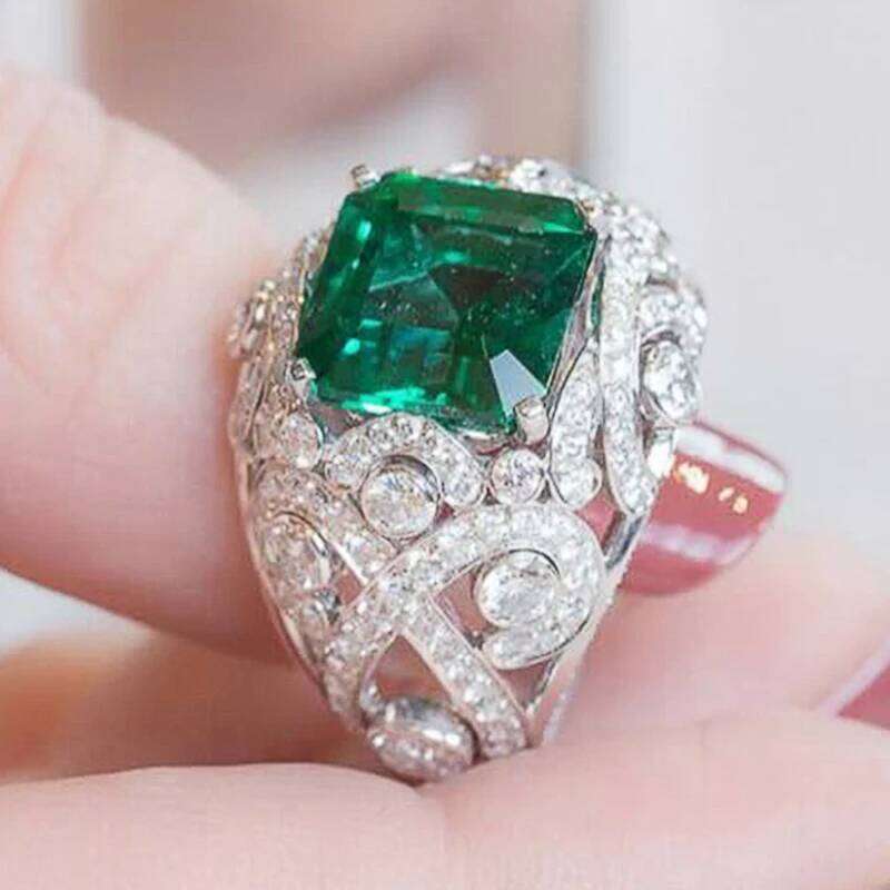 Huitan Fashion Women Finger Elegant Square Green/White CZ Rings for Anniversary Party Fancy Birthday Gift Luxury Jewelry
