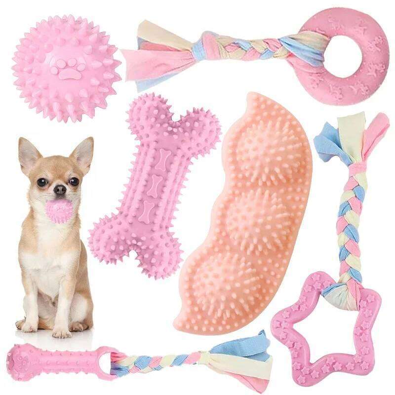 Dog Chew Toys Cleaning Teeth Pink Soft Rubber Bone Funny Ball Interactive Donut Treat Set for Small Medium Dogs Pet Gifts 25N1226