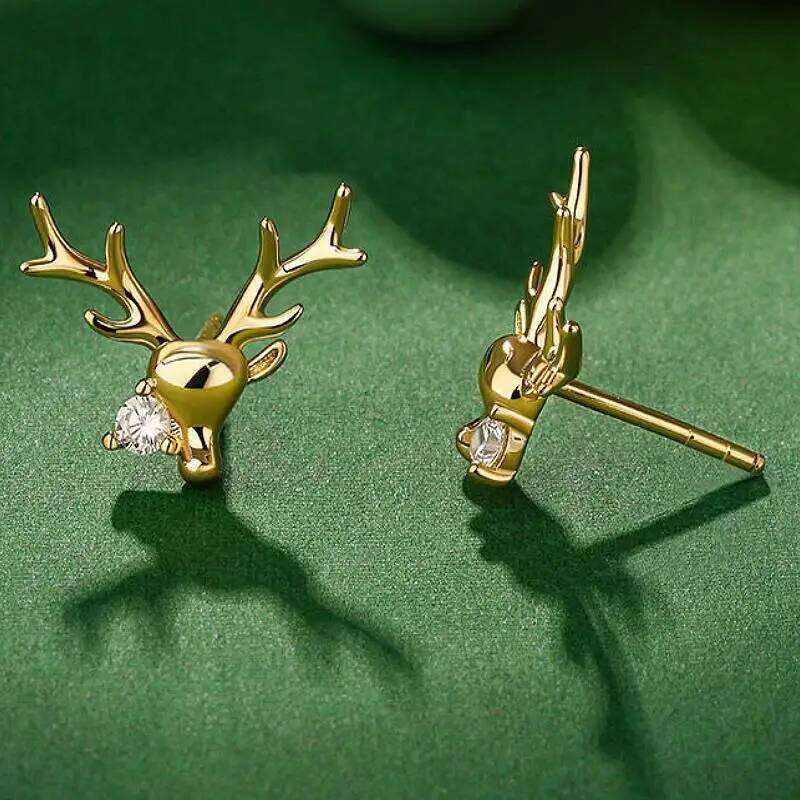 Huitan Antler Shaped Women Christmas Stud Earrings Inlaid Shiny Cubic Zirconia Accessories Sweet Charming Jewelry Gift for Party