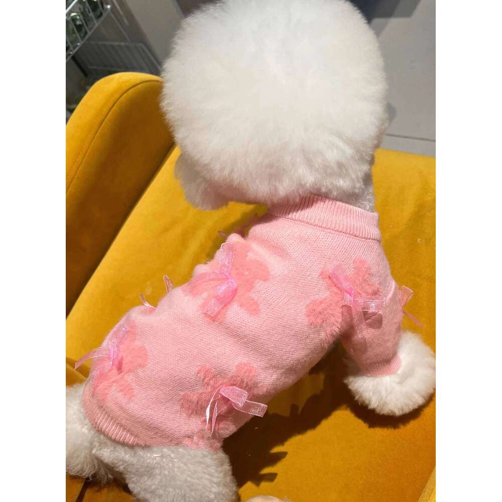Pink Bow-Shaped Plush, Cute And Warm Design Pet Sweater, Suitable Winter, For Small Dogs' Clothing. 25T1226