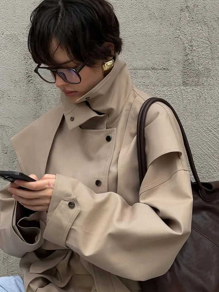 Women Solid Stand Collar Windbreaker Fashion Single Breasted Lace Up Pocket Coat 2025 Autumn Lady New Commuter Daily OutwearT251226