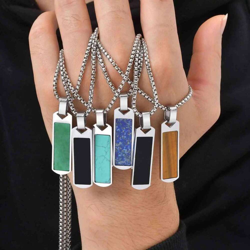 Natural Stone Healing Necklaces for Men,Stainless Steel Rectangular Pendant Necklace,Trendy Hip Hop Birthday Jewelry Gift 25N1226