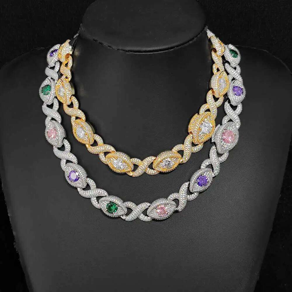 Fashion Hip Hop Punk Evil Style 15mm Iced Out Cubic Zircon Colour Eye Infinity Chain Necklace Hiphop Bracelet Jewelry