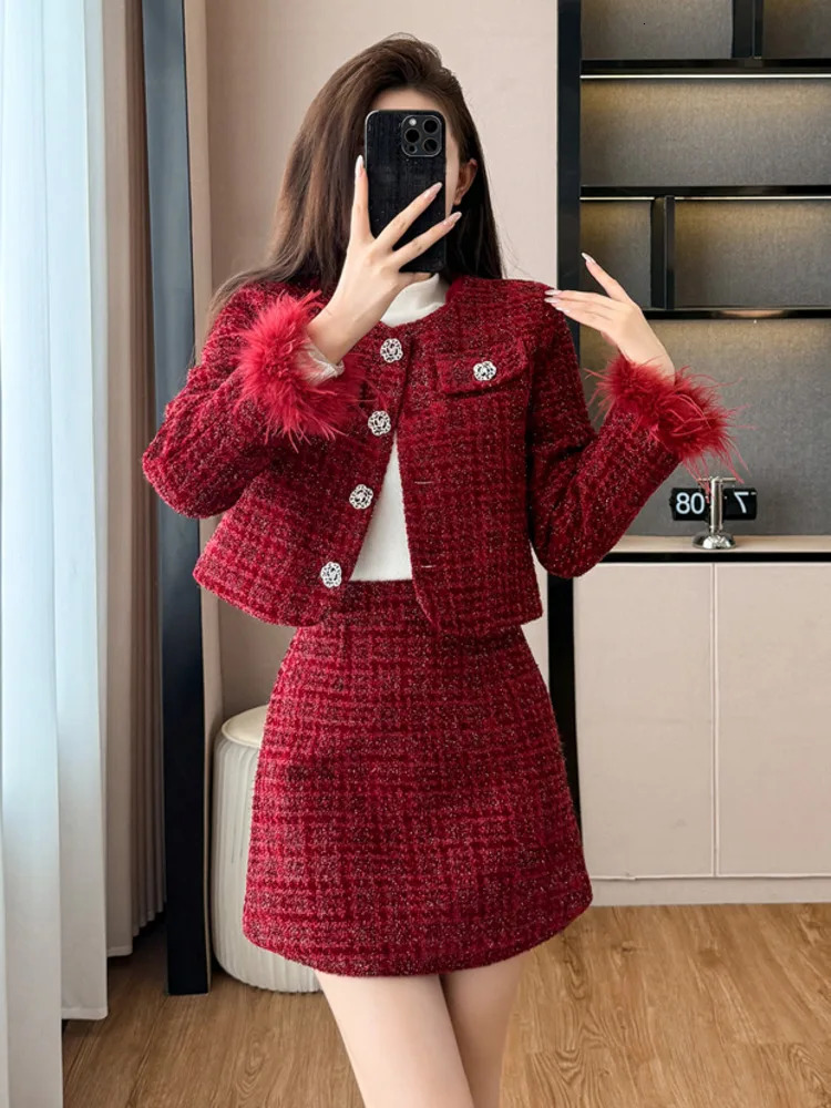 High Quality French Tweed Two Piece Set Women Fashion Jacket Coat Skirt Suits Fall Winter Christmas 2 Outfits 251211